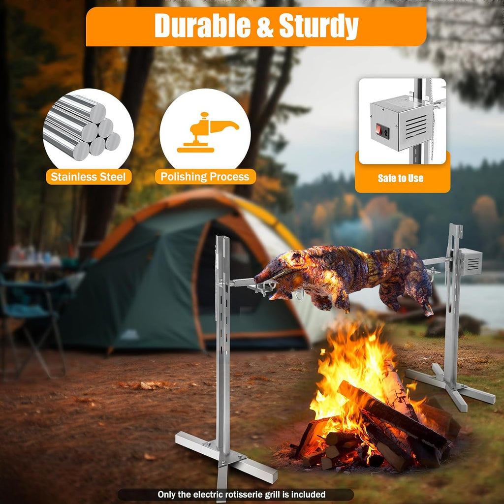 53in Outdoor Electric Rotisserie Grill Kit,Rotatable Motor BBQ Rotisserie Kit,Cooker Grill Camping Spit Grill Roaster for Pig Rotisserie Hog Lamb,Height Adjustable