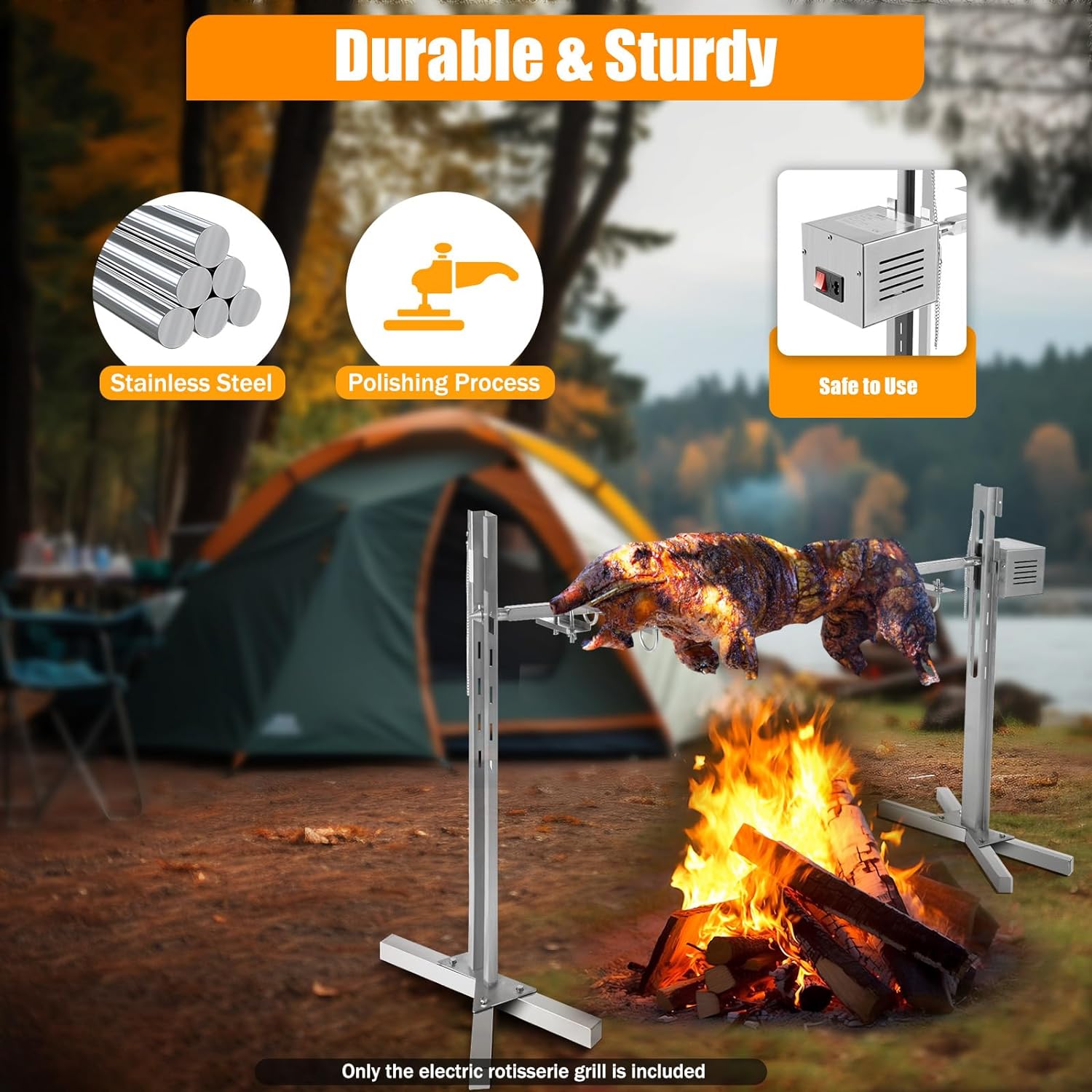 53in Outdoor Electric Rotisserie Grill Kit,Rotatable Motor BBQ Rotisserie Kit,Cooker Grill Camping Spit Grill Roaster for Pig Rotisserie Hog Lamb,Height Adjustable
