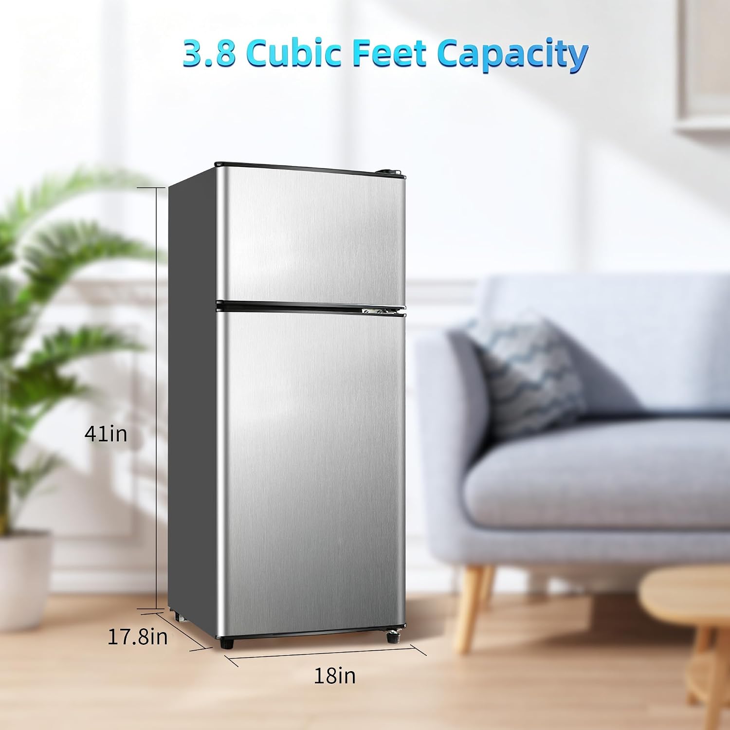 3.8 Cu. Ft Mini Fridge with Freezer, 2 Door Mini Refrigerator with 7 Adjustable Thermostat & Adjustable Glass Shelves, Compact Mini Fridge for Home, Apartment, Office, Silver
