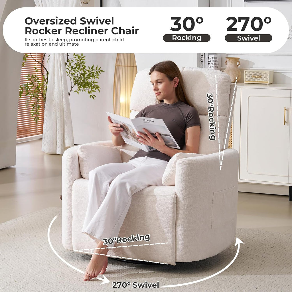 Oversized Swivel Rocker Recliner Chair with Storage Ottoman, Manual Swivel Glider Rocker Recliner with Massage and Heat, Rocking Nursery Chair with 2 Bolster Pillows, Adjustable Headrest, White