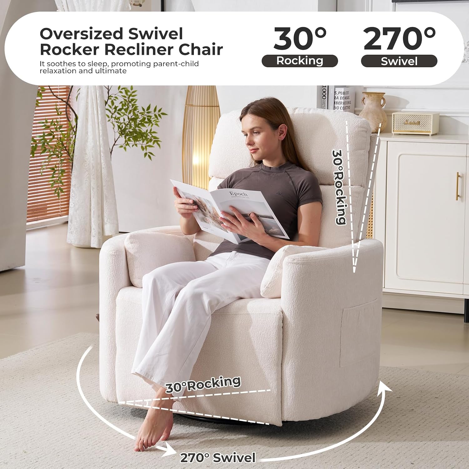 Oversized Swivel Rocker Recliner Chair with Storage Ottoman, Manual Swivel Glider Rocker Recliner with Massage and Heat, Rocking Nursery Chair with 2 Bolster Pillows, Adjustable Headrest, White