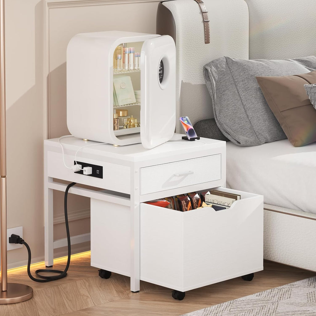 Unikito Mini Fridge Stand with Drawer Storage and Sockets, Heavy Duty Small Refrigerator Stand Cart for Dorm, Apartment, Office, Bedroom, Mini Fridge and Microwave Stand, Hold 300LBS, White