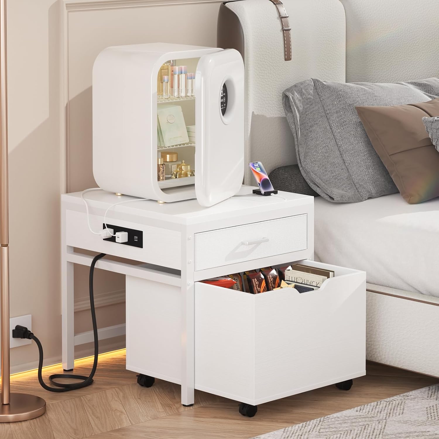 Unikito Mini Fridge Stand with Drawer Storage and Sockets, Heavy Duty Small Refrigerator Stand Cart for Dorm, Apartment, Office, Bedroom, Mini Fridge and Microwave Stand, Hold 300LBS, White