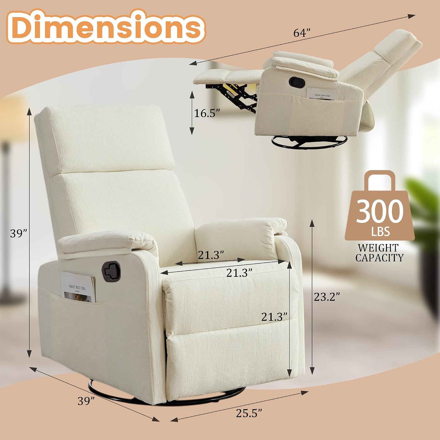 Korser Recliner Chair, Swivel Rocking Recliner Chair for Adults, Glider Rocking Chair, Small Nursery Chair Recliner for Living Room, Reclining Chair with Modern-Designed Armrests, Chenille, Beige