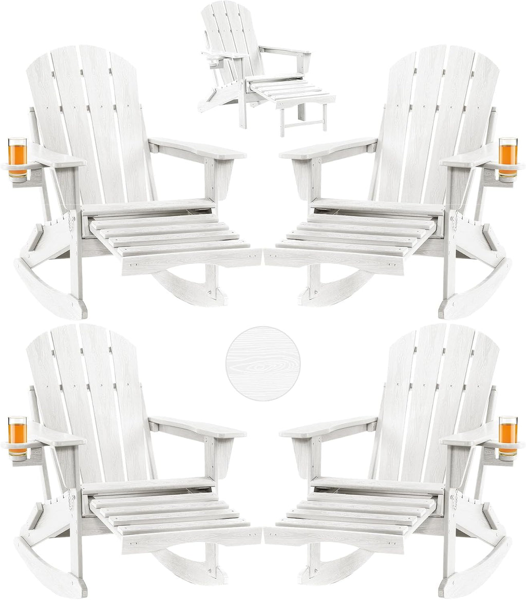 Folding Adirondack Rocking Chair Set of 4,4-in-1 Multifunctional Patio Chairs with Retractable Ottoman, Outdoor Chairs Wood Texture, Lawn Chair for Porch, Backyard, Pool(White)
