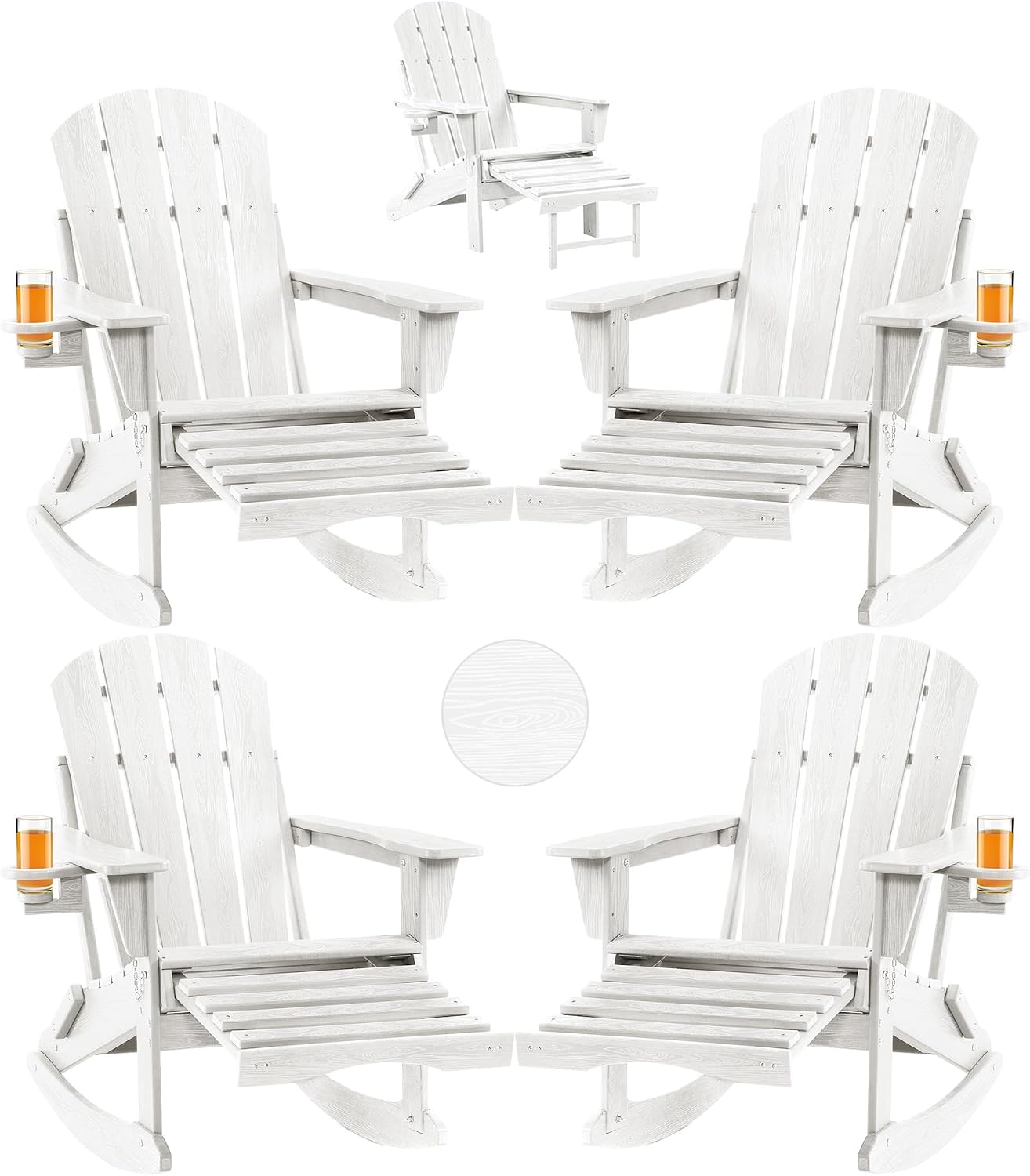 Folding Adirondack Rocking Chair Set of 4,4-in-1 Multifunctional Patio Chairs with Retractable Ottoman, Outdoor Chairs Wood Texture, Lawn Chair for Porch, Backyard, Pool(White)