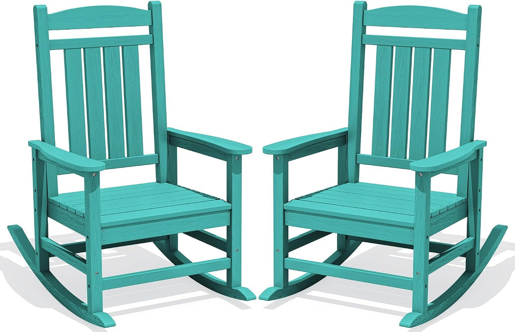 KINGYES Oversized Outdoor Rocking Chair Set of 2, High Density Polyethylene Patio Rocking Chairs with 350lbs Support for Adults, Aruba Blue