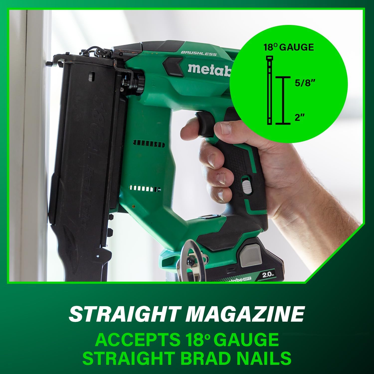 Metabo HPT 18V MultiVolt Brushless Compact Cordless Brad Nailer Kit, 18 Gauge Nailer with Power Tool 2.0Ah Lithium Ion Battery, Drives 5/8' to 2' Brad Nails, NT1850DFT