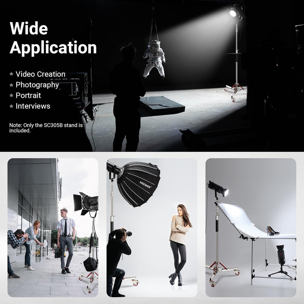 NEEWER Basics 4.3-10ft Photography Light Stand with Casters, 100% Stainless Steel Heavy Duty Tripod Stand for Strobe LED Video Ring Light Monolight Softbox Reflector, 66lb Max Load, SC305B