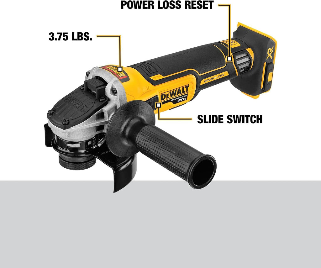 DEWALT 20V MAX* XR Angle Grinder with Kickback Brake, Slide Switch, 4-1/2-Inch, Tool Only (DCG405B)