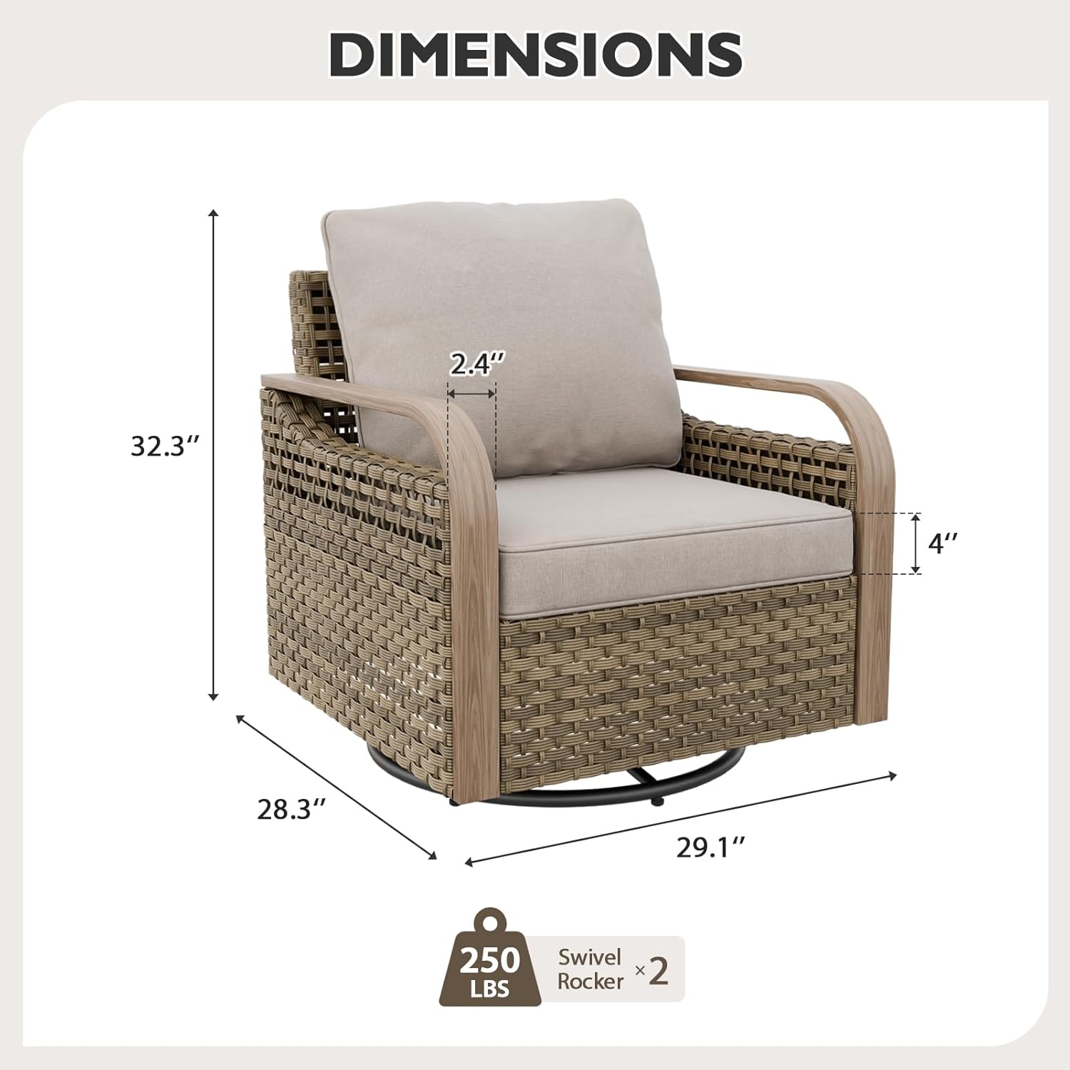 EAGLE PEAK Modern Wicker Outdoor Glider Rocking Chair, Swivel Rocker, Rattan Patio Furniture for Yard Deck Porch Garden, 2 Chairs, Brown/Gray