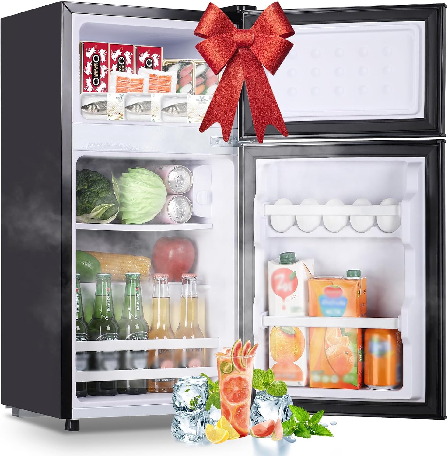DEMULLER Mini Fridge with Double Doors Small Refrigerator with Separate Freezer & 7 Adjustable Temperature Control, Tiny Size & Personal Fridge Ideal for Office Apartment Dorm Dark Grey