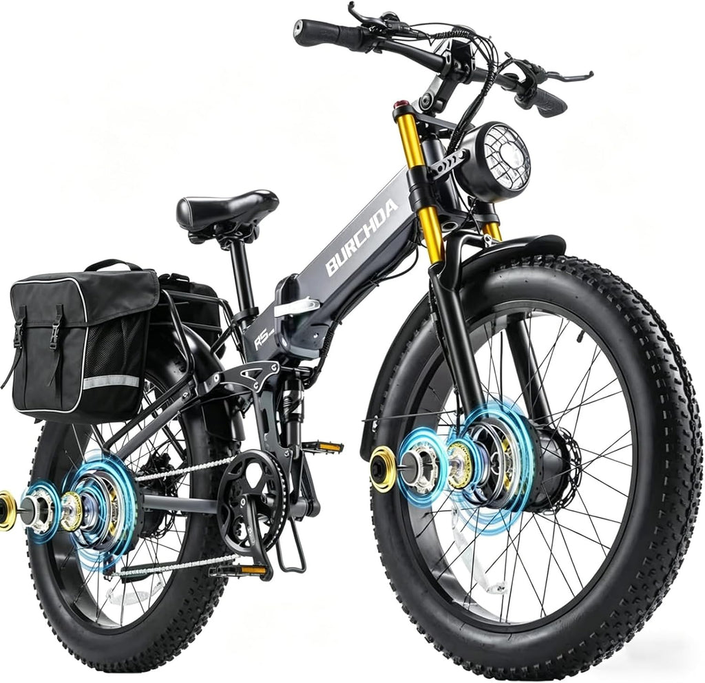 DAMSON Electric Bike for Adults Dual Motor AWD 5000W/3000W/1500W Peak 40MPH/30MPH Dirt Ebike, 52V/48V Max-Output Up to 65/80/120/160 Miles Long Range, 26' Full Suspension Fat Tire Mountains Bicycle