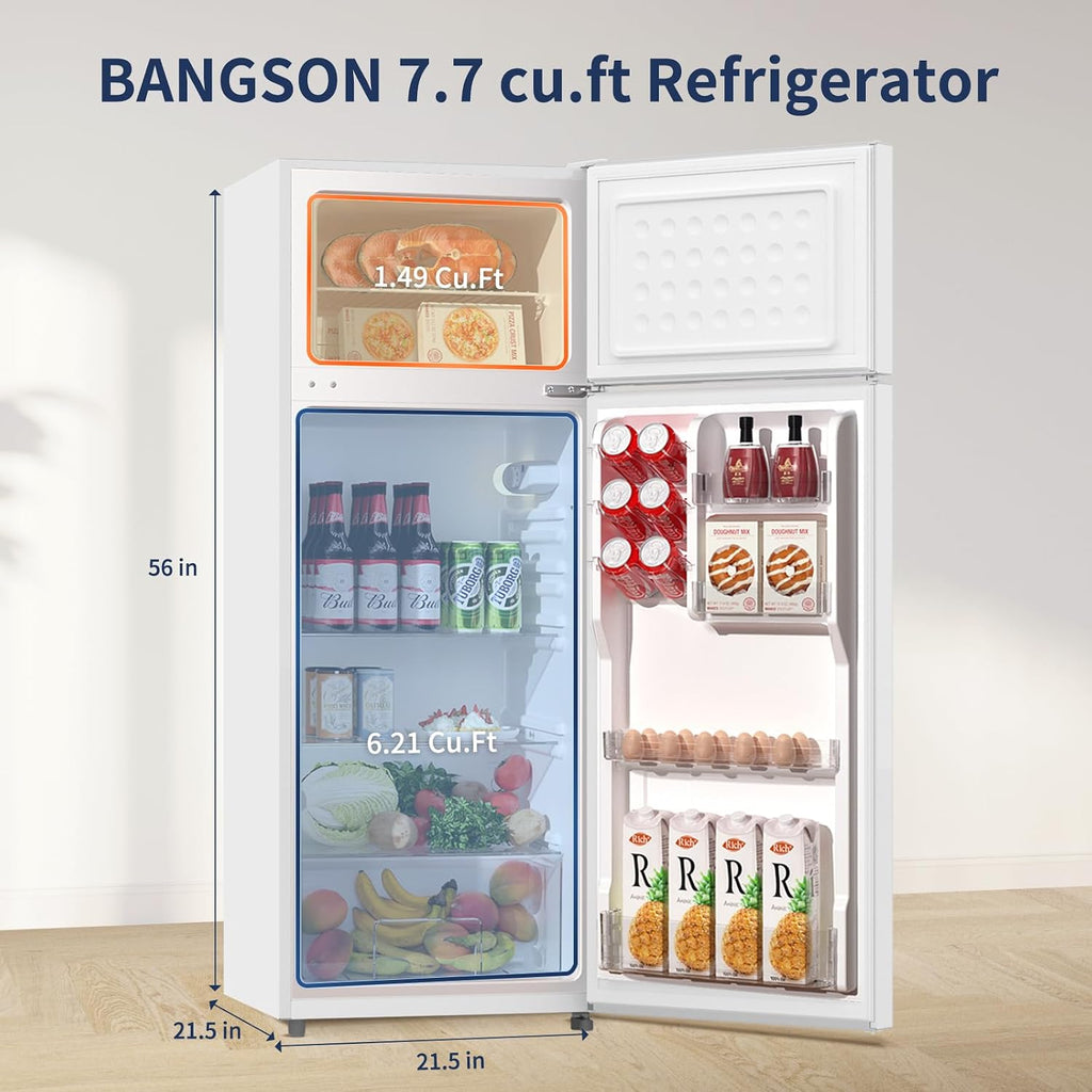 BANGSON 7.7 Cu.Ft Refrigerator with Top Freezer Apartment Size, Fridge for Small Spaces, Office Studio, Energy Saving Low Noise Adjustable Thermostat, Cream White