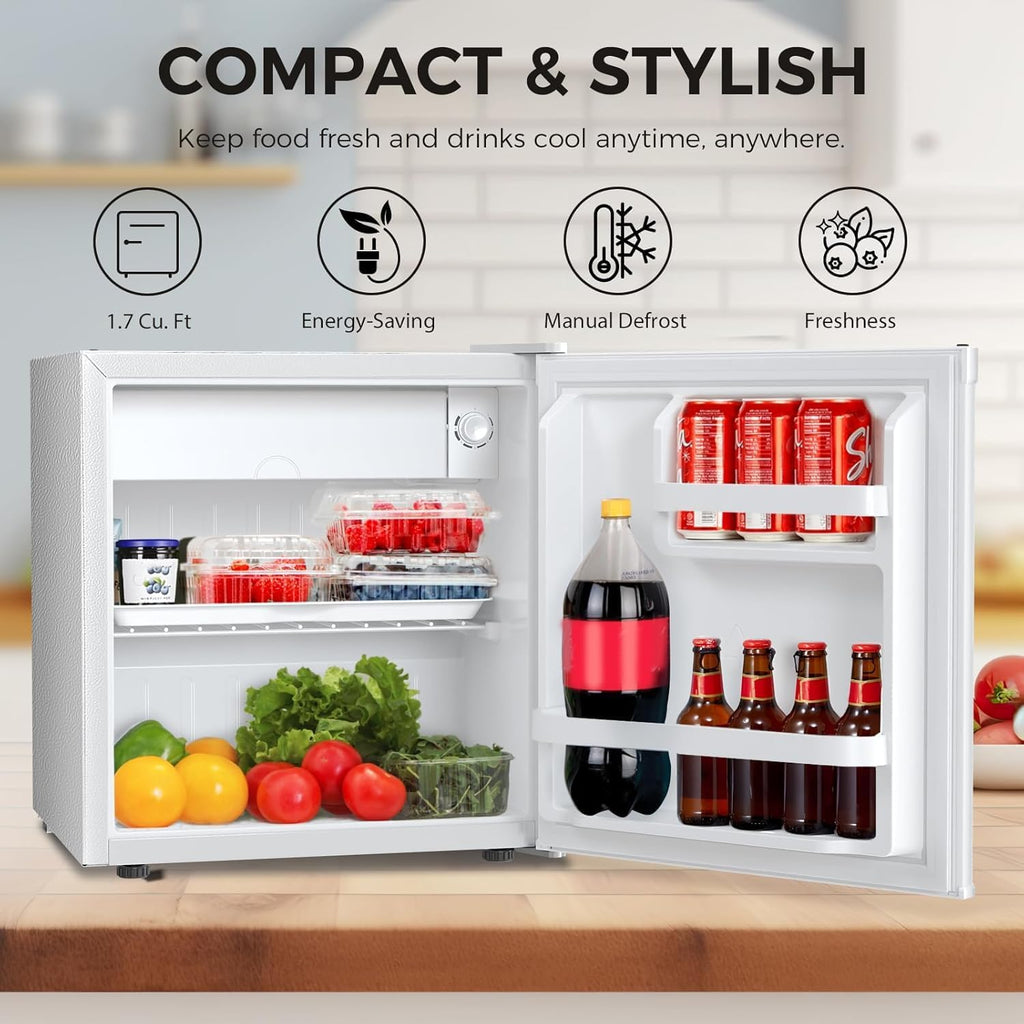 Antarctic Star 1.7 Cu.Ft Compact Refrigerator with Freezer,Adjustable Thermostat,Removable Glass Shelf,Single Reversible Door Mini Fridge for Bedroom,Office,Dorm,White
