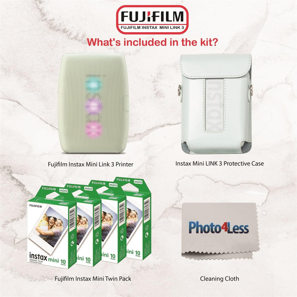 Fujifilm Instax Mini Link 3 Printer Bundle Instax Mini Film (40 Sheets), Instax Mini Link 3 Protective Case (Sage Green)