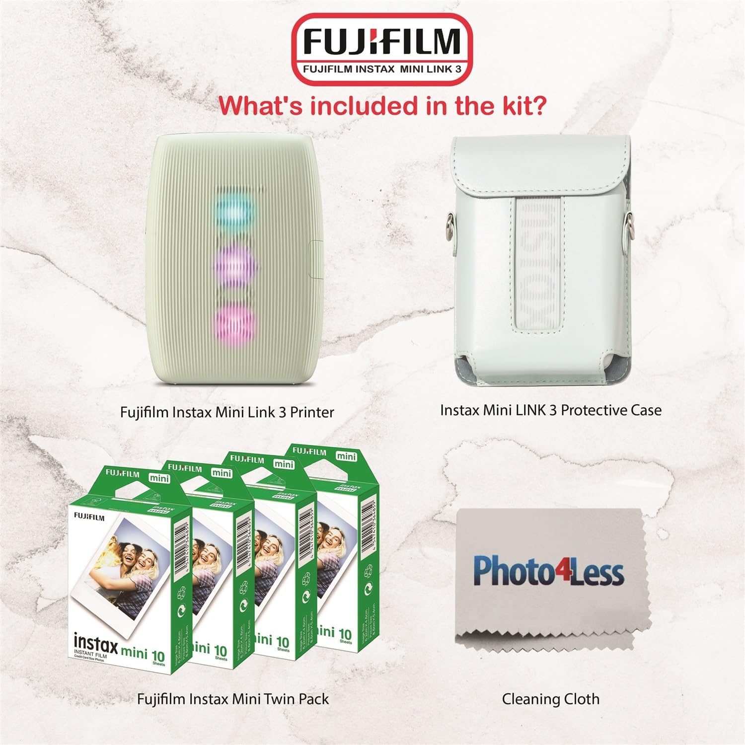 Fujifilm Instax Mini Link 3 Printer Bundle Instax Mini Film (40 Sheets), Instax Mini Link 3 Protective Case (Sage Green)
