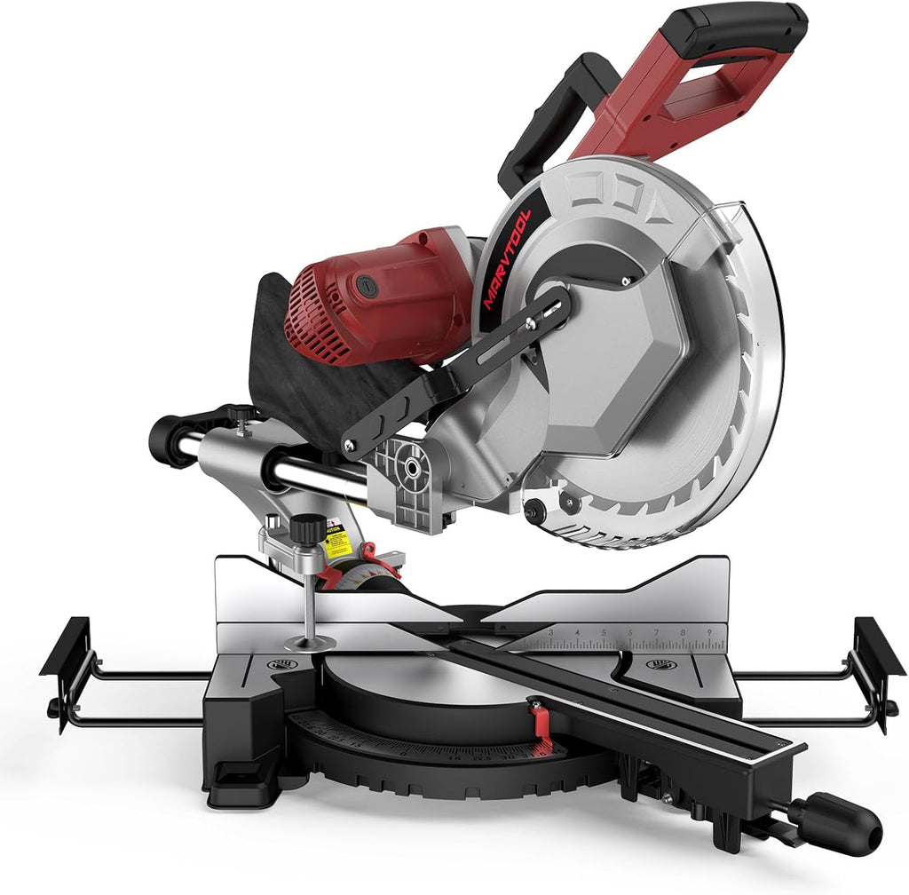 12-Inch Dual-Bevel Sliding Compound Miter Saw, 3800RPM, 15 Amp, Dual Bevel 0-45° with Extension Table, 36T Blade, Power Saw for Metal, Plastic, Wood, Laminates