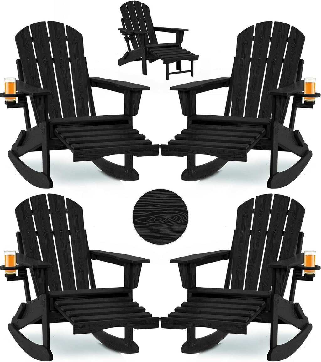 Folding Adirondack Rocking Chair Set of 4,4-in-1 Multifunctional Patio Chairs with Retractable Ottoman, Outdoor Chairs Wood Texture, Lawn Chair for Porch, Backyard, Pool(Black)