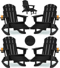 Folding Adirondack Rocking Chair Set of 4,4-in-1 Multifunctional Patio Chairs with Retractable Ottoman, Outdoor Chairs Wood Texture, Lawn Chair for Porch, Backyard, Pool(Black)