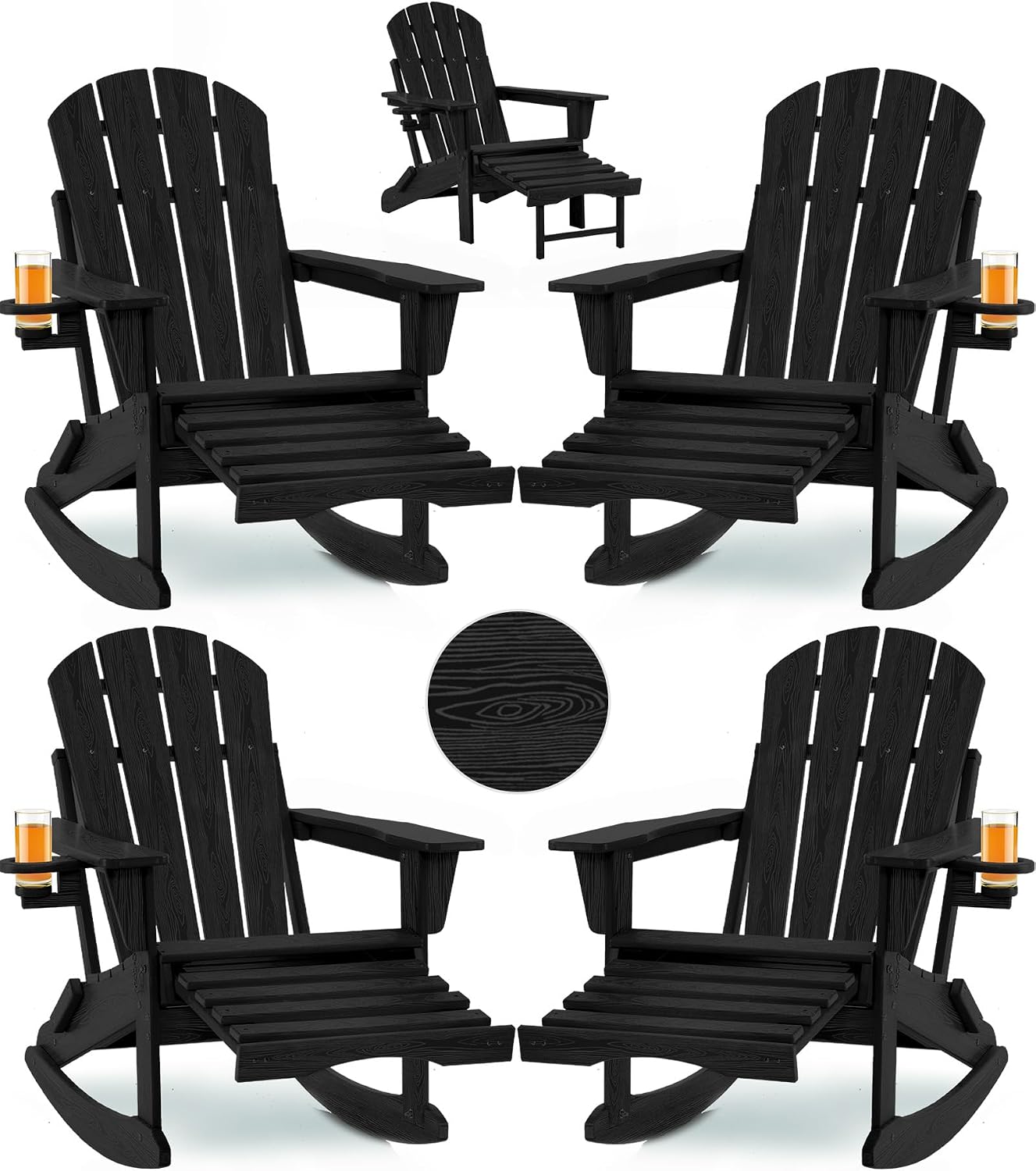 Folding Adirondack Rocking Chair Set of 4,4-in-1 Multifunctional Patio Chairs with Retractable Ottoman, Outdoor Chairs Wood Texture, Lawn Chair for Porch, Backyard, Pool(Black)