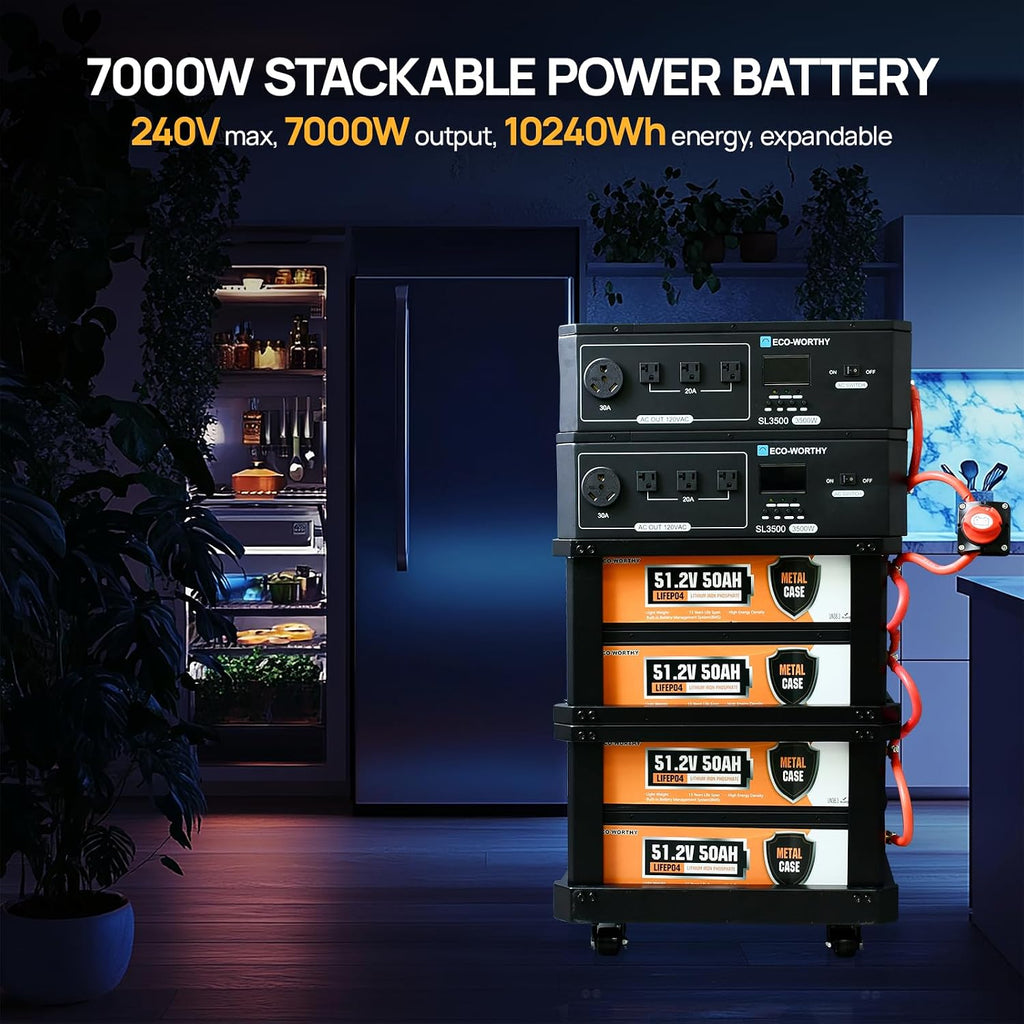 ECO-WORTHY SL7000 10240Wh 7000W Stackable Power Battery, 120V/240V 7000W AC Output, LiFePO4 Battery Backup Expandable to 15.36kWH with BMS, for Home Backup, Emergency, Solar System Components