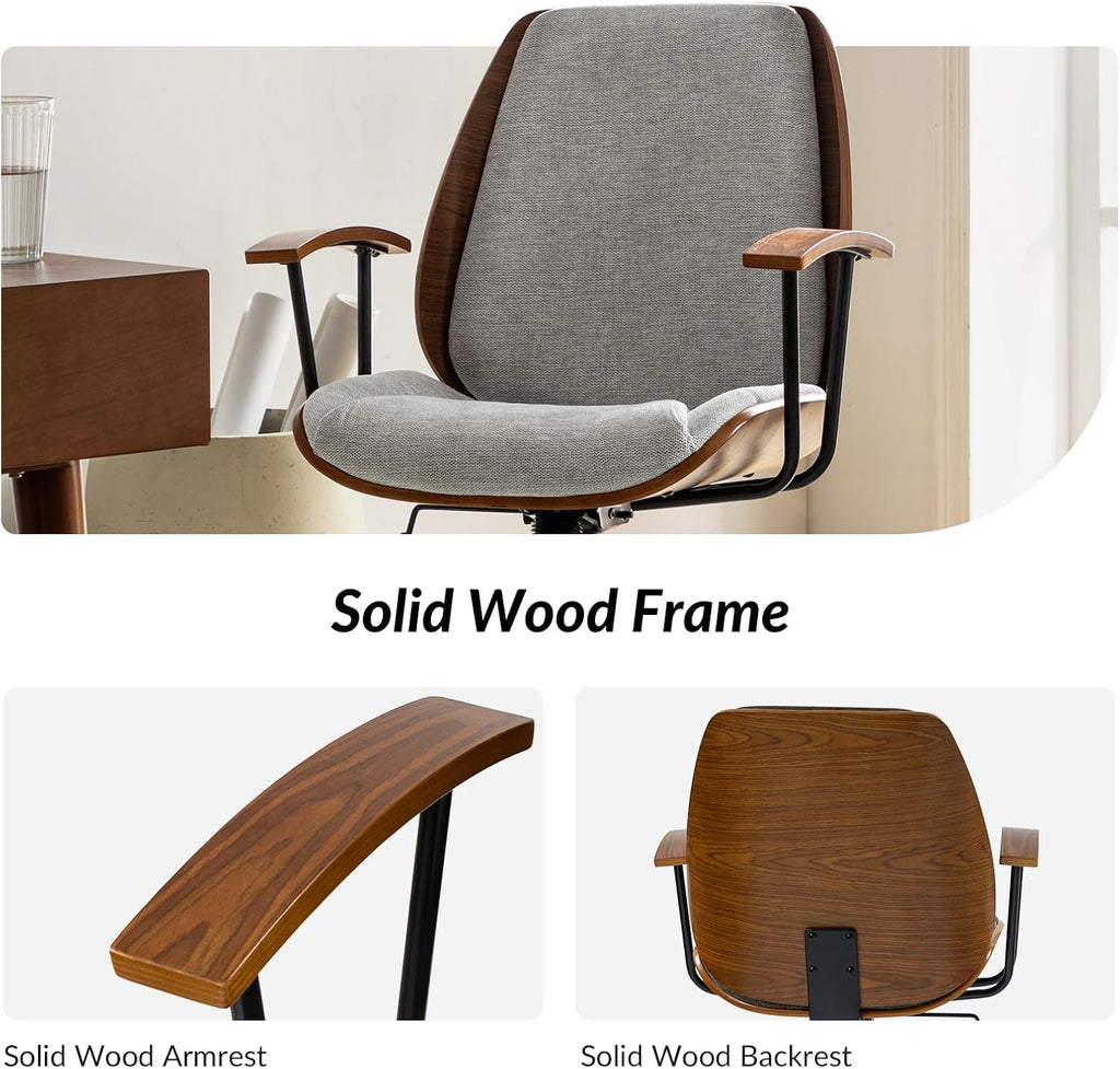 HULALA HOME Solid Wood Office Chair with Rocking Function, Comfy Fabric Desk Chair with Bent Wood and Metal Base, Height Adjustable Swivel Computer Task Chair, Grey