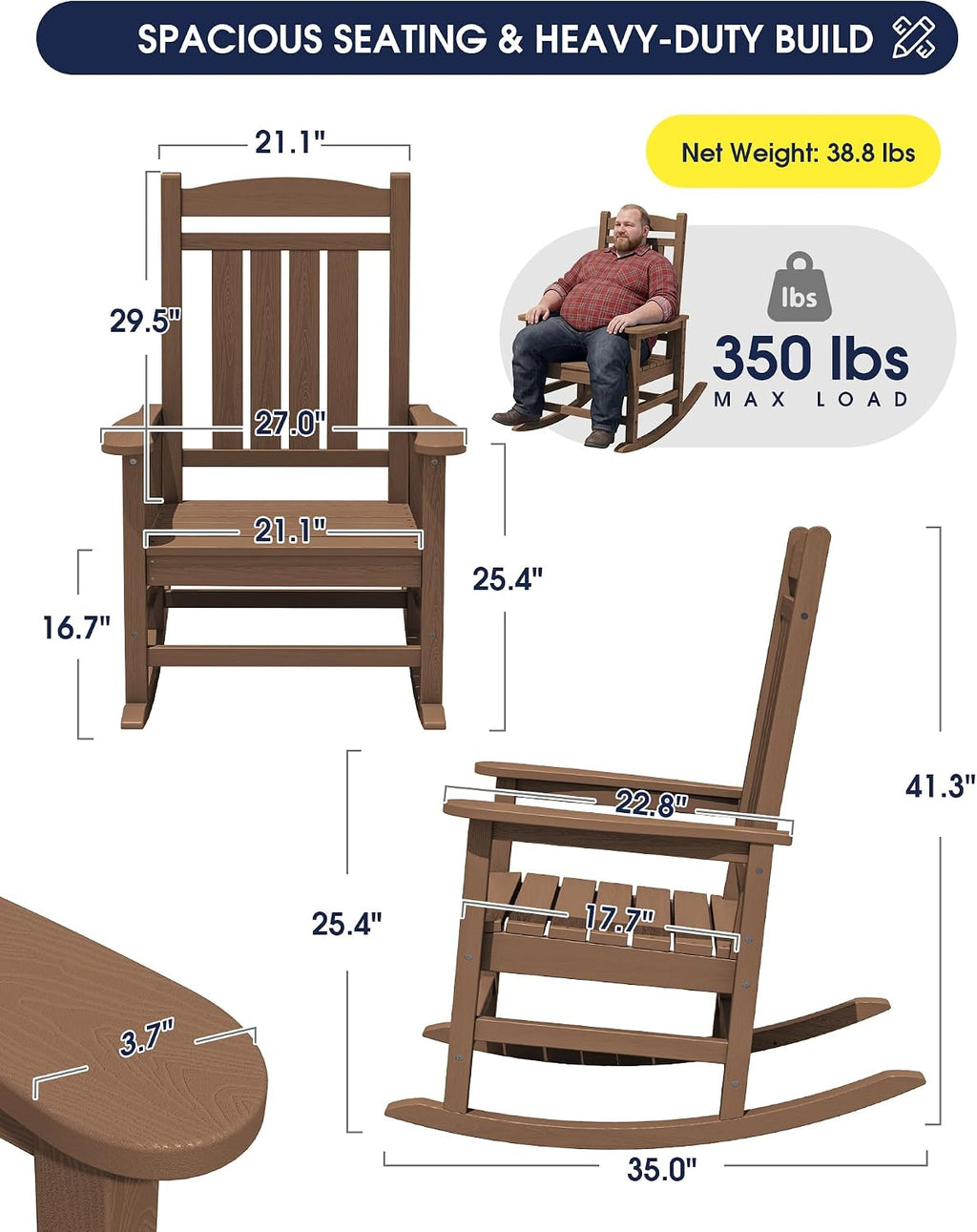 KINGYES Oversized Outdoor Rocking Chair Set of 2, High Density Polyethylene Patio Rocking Chairs with 330lbs Support for Adults, Brown