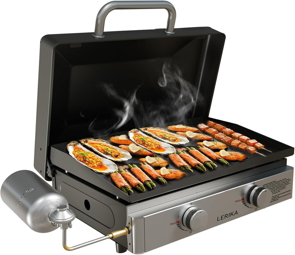 LERIKA 23' Tabletop Propane Gas Grilddle With Lid for Outdoor Kitchen Barbecue Grill, Non Stick Enamel/Durable Stainless Steel/1 Burner Portable Flat Top Grills