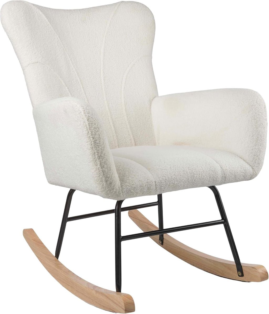 Rocking Chair - Teddy Fabric Upholstered Chair with Padded Seat and Contoured Armrests - Ergonomic Modern Rocker for Bedroom by Lavish Home (Cream)