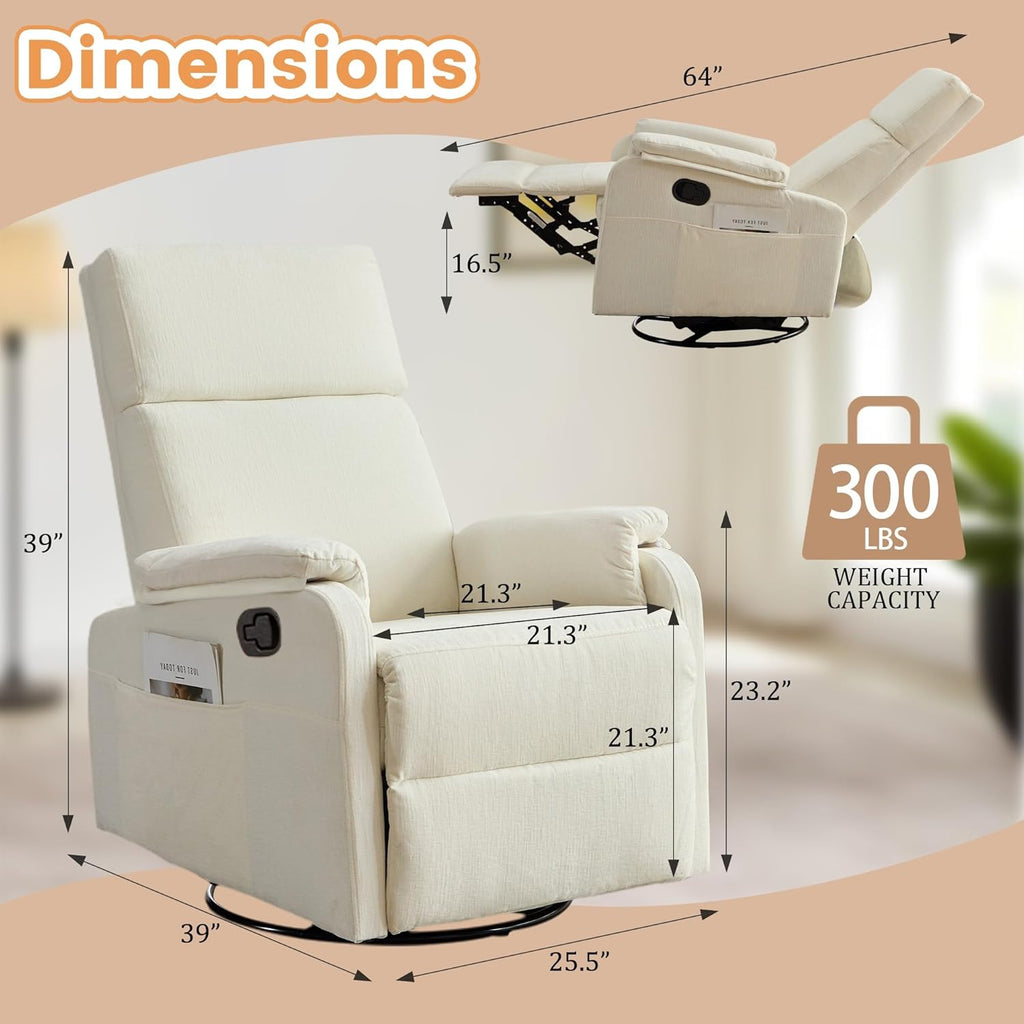 Korser Swivel Rocking Recliner with Massage, Small Glider Chair for Nursery, Modern-Designed Armrests Chair for Adults Living Room, Chenille, Beige