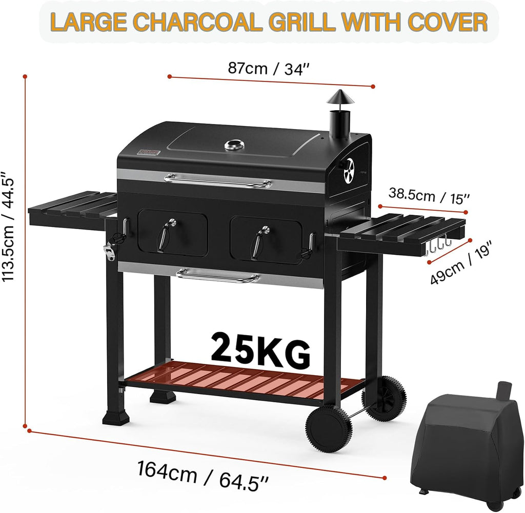 ONLYFIRE GRILLS Large BBQ Charcoal Grill with Cart & 2 Liftable Charcoal Trays, 794 SQ.IN Cooking Area, Heavy Duty Outdoor Barbecue Grill with Foldable Side Tables, Wheels & Cover, GS339