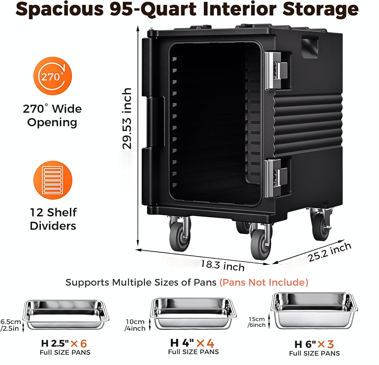 CAMMOO 95QT Non-Electrical Catering Food Warmers with Swivel Casters, 304 Stainless Steel Latch, Insulated Food Carrier for 6 Full-Size Pans(NOT INCLUDED), Food Warmer Hot Boxes for Catering BBQ Event