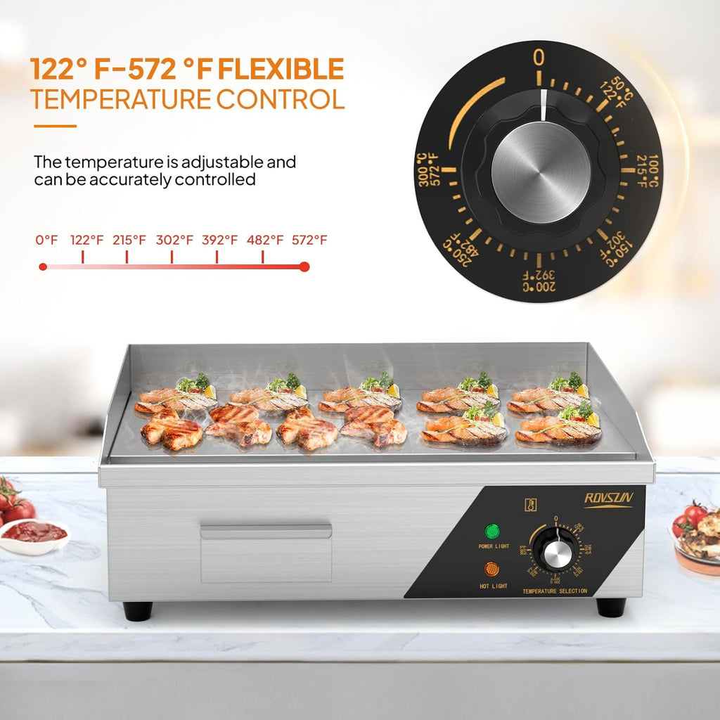 ROVSUN 22' Electric Countertop Flat Top Griddle, 1600W Electric Griddle, Teppanyaki Grill Stainless Steel with Adjustable Temperature Control 122°F-572°F for Home Restaurant Commercial