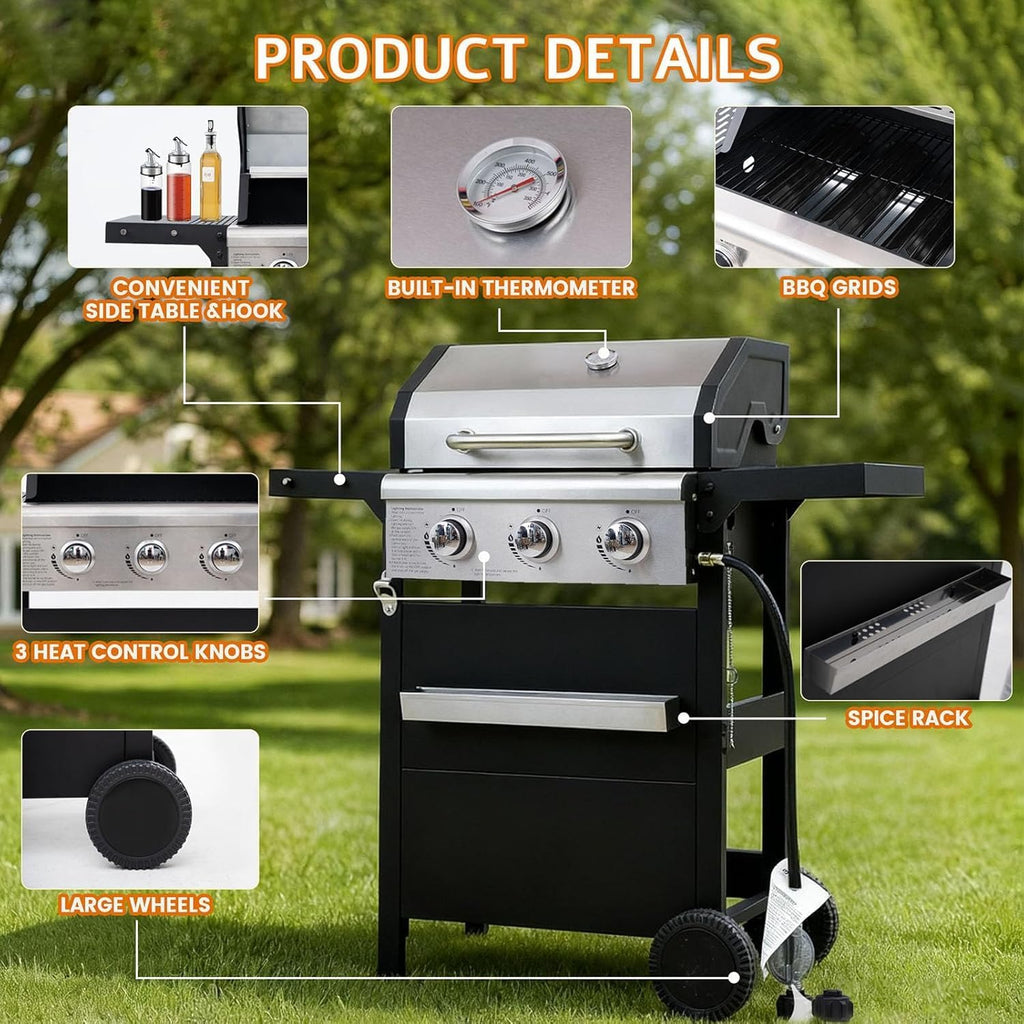 3-Burner Propane Gas Grill with Heavy Duty Waterproof Cover | 27,000 BTU, 3 Stainless Steel Gas Grill Burners & Electronic Ignition, Detachable Oil Tray for Outdoor BBQ Grill