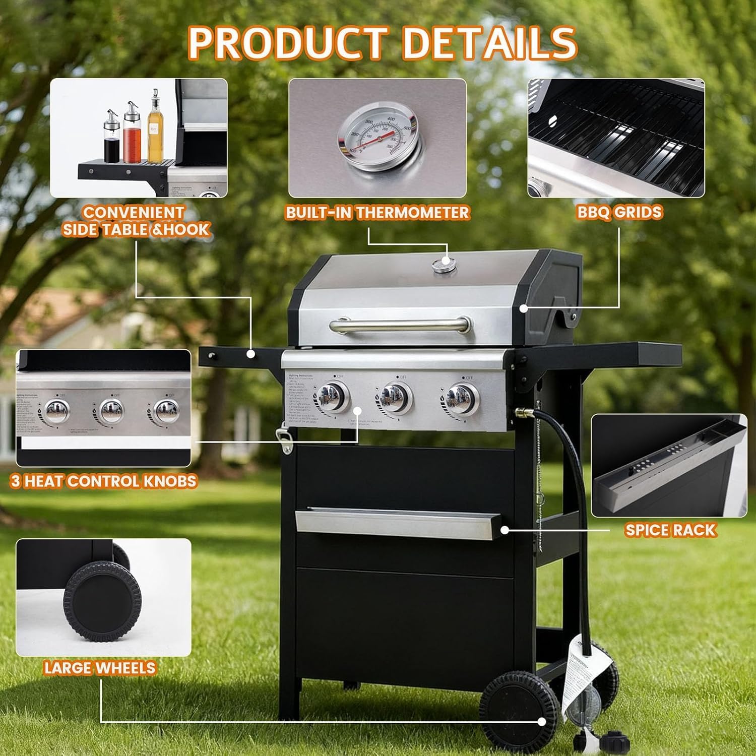 3-Burner Propane Gas Grill with Heavy Duty Waterproof Cover | 27,000 BTU, 3 Stainless Steel Gas Grill Burners & Electronic Ignition, Detachable Oil Tray for Outdoor BBQ Grill