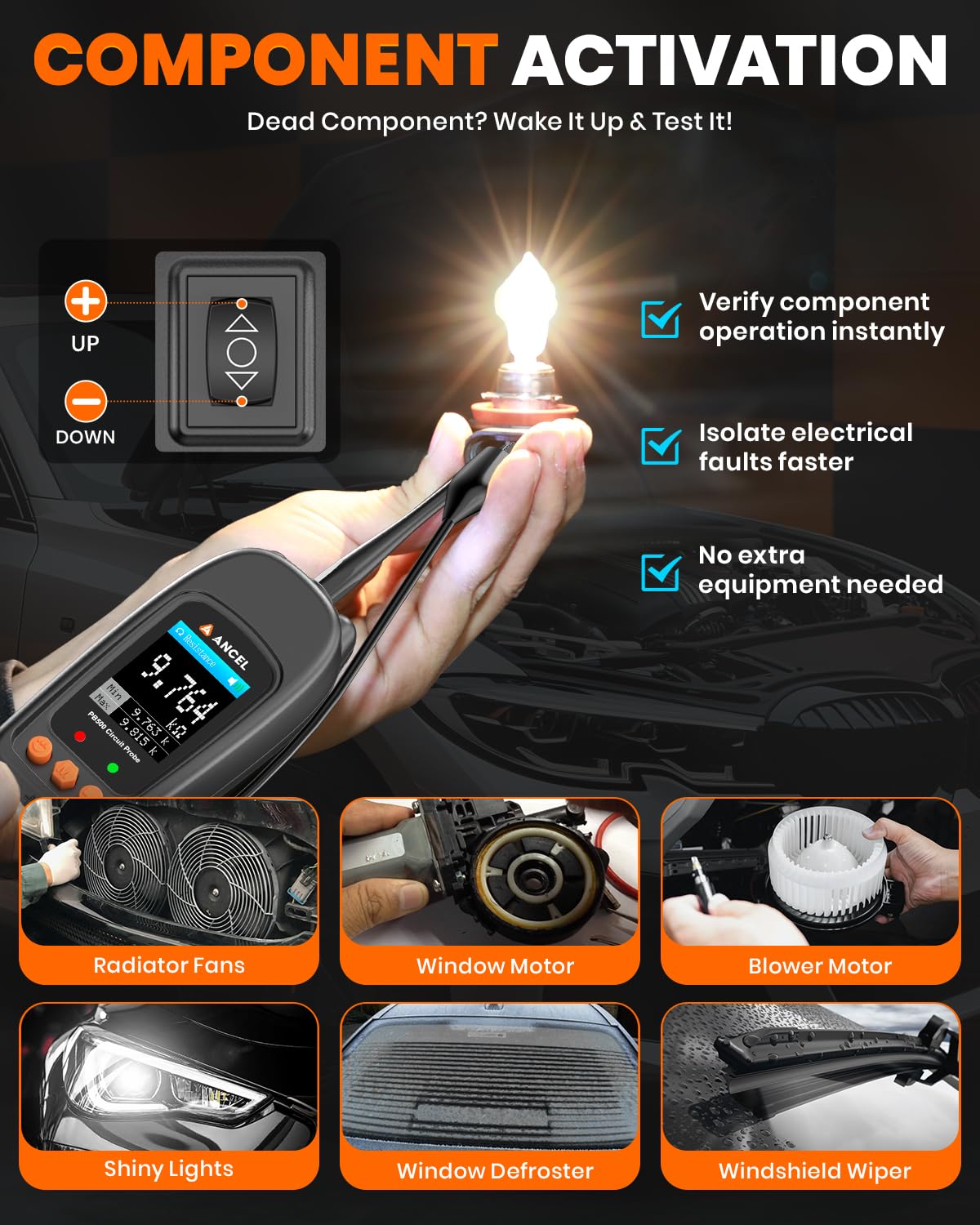 ANCEL PB500 Automotive Power Circuit Probe Tester Kit, 12/24V Car Electrical Short/Open Breaker Finder, AC/DC Diode Resistance Frequency Injector Relay Tester, Duty Cycle,Digital Multimeter/Ohmmeters