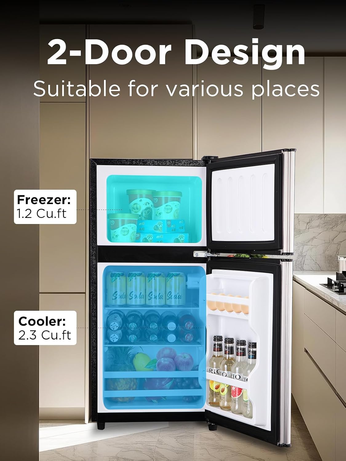 F.W.WOOLWORTHS 3.5 Cu.Ft Fridge with Freezer, Refrigerator with 2 Doors for Office, Kitchen, Dorm and Bedroom, Fridge with 7 Level Temp Adjustable Thermostat, Silver