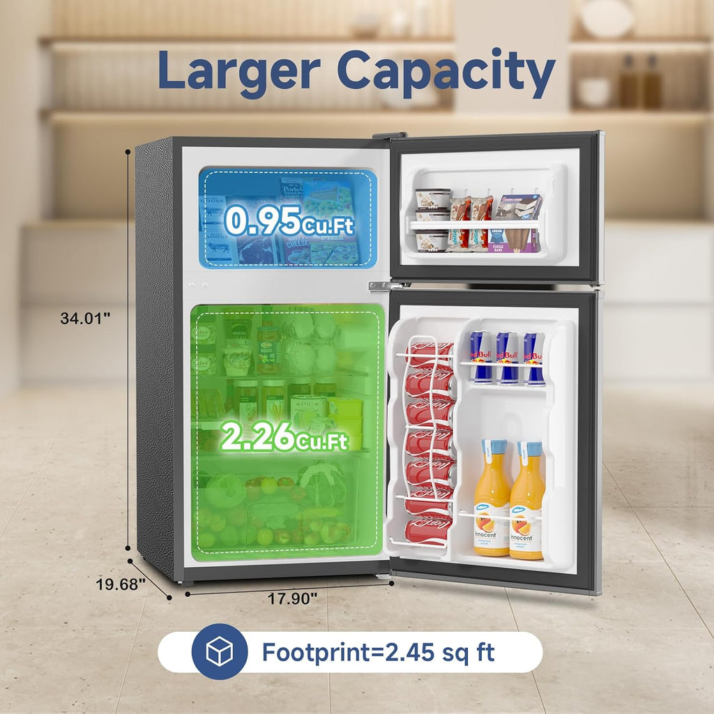 BANGSON 3.2 CU.FT Mini Fridge with Freezer Bedroom, 2 Door Office Small Refrigerator, Quiet Compact Fridge for Home, Dorm, Apartment, Garage, RV, Adjustable Thermostat, Low Noise, Black, Silver