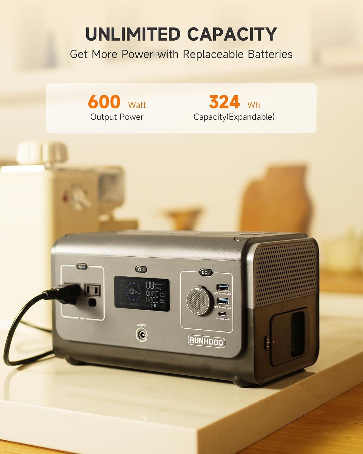 RUNHOOD Portable Power Station Rallye 600 Mini, 324WH Swappable&Replaceable Batteries, 2X600W(Peak 1200) Pure Sine Wave AC Outlet Modular Solar Generator for Camping/Emergency/RVs/CPAP/Home Use