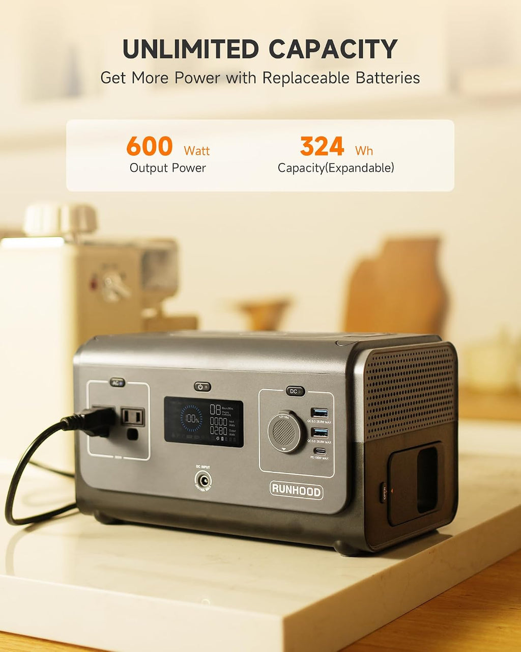 RUNHOOD Portable Power Station Rallye 600 Mini Max, 324WH Swappable&Replaceable Batteries, 2X600W(Peak 1200) Pure Sine Wave AC Modular Solar Generator Qiuck Restore Power for Camping/RVs/CPAP/HomeUse