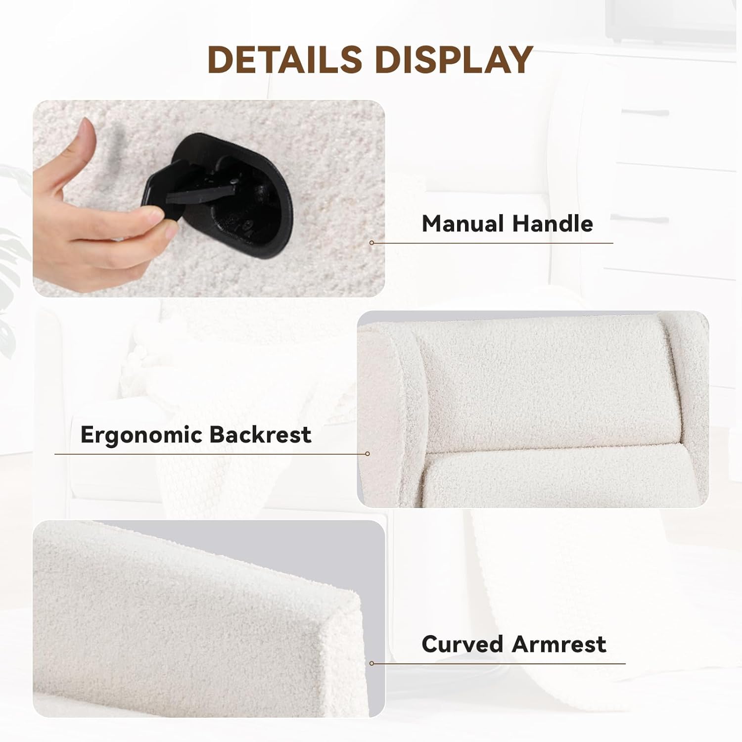 COMHOMA Nursery Rocking Chair Teddy Upholstered Swivel Rocker Recliner Manual Glider Reclining Chair for Living Room Bedroom Offices (Beige,1 PCS)