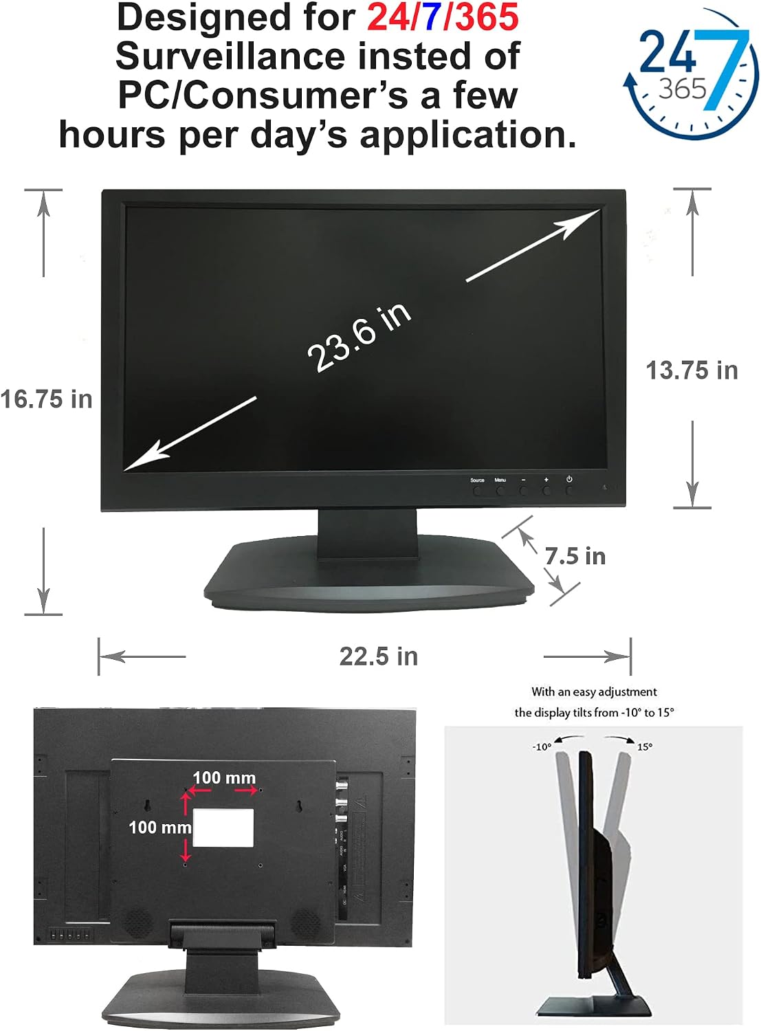 101AV 23.6' 5MP/2560x1920 Super-HD TVI, AHD, CVI & CVBS professional security monitor, 1 HDMI & 2 BNC In and Out, Working with Super-HD 5MP Security Cameras Directly in Addition to DVR/NVR & PC