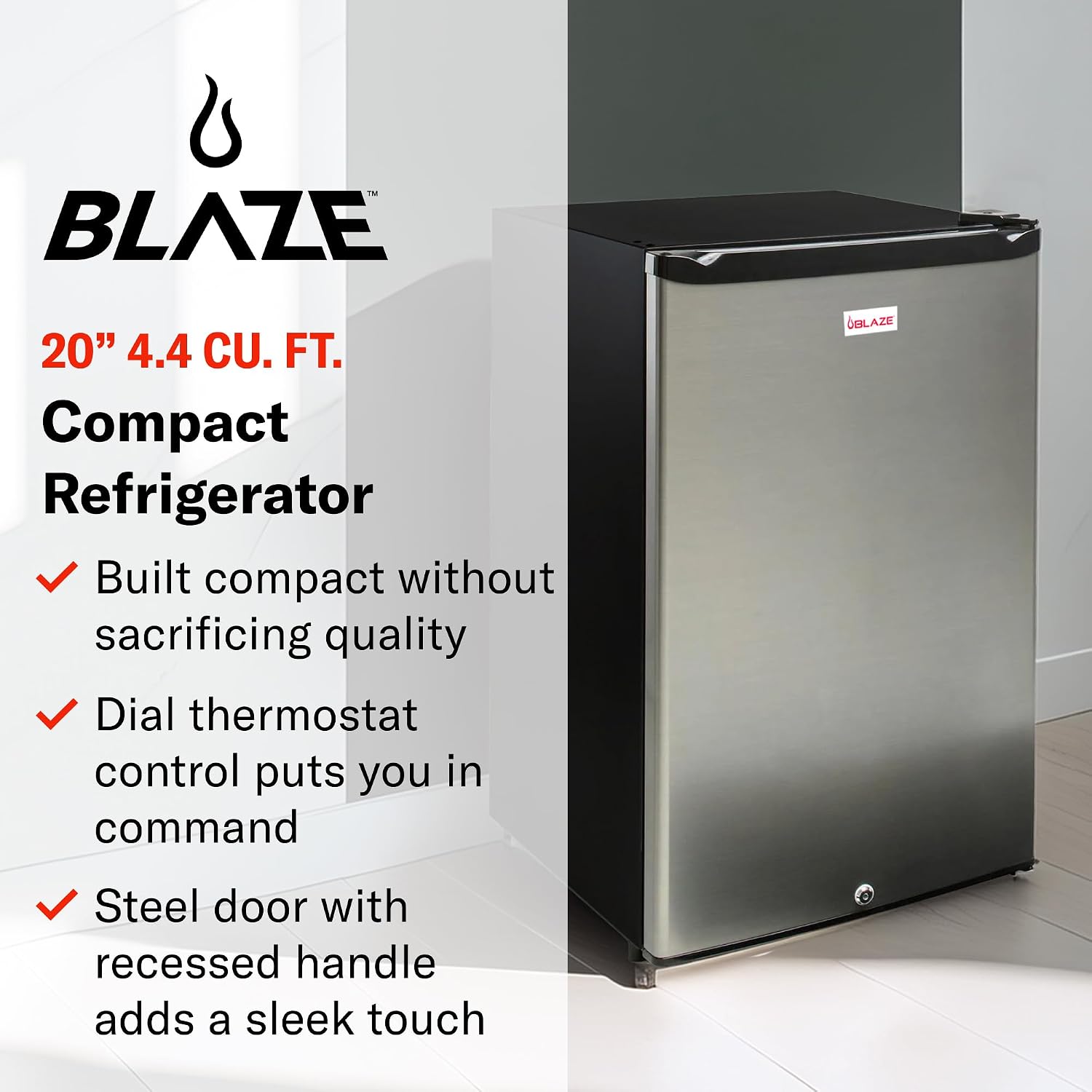 Blaze 20‑Inch Outdoor Rated Compact Refrigerator | 4.4 Cu Ft Stainless Steel Fridge with LED Lighting, Dial Thermostat, Reversible Door & Recessed Handle | BLZ‑SSRF‑126