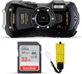 Pentax WG-90 Waterproof Digital Camera (Black) | 2.7' LCD Monitor Display Camera with 32GB Ultra UHS-I SDHC Memory Card and Waith Quick Release Camera Floating Strap (Yellow) - Essential Bundle Kit