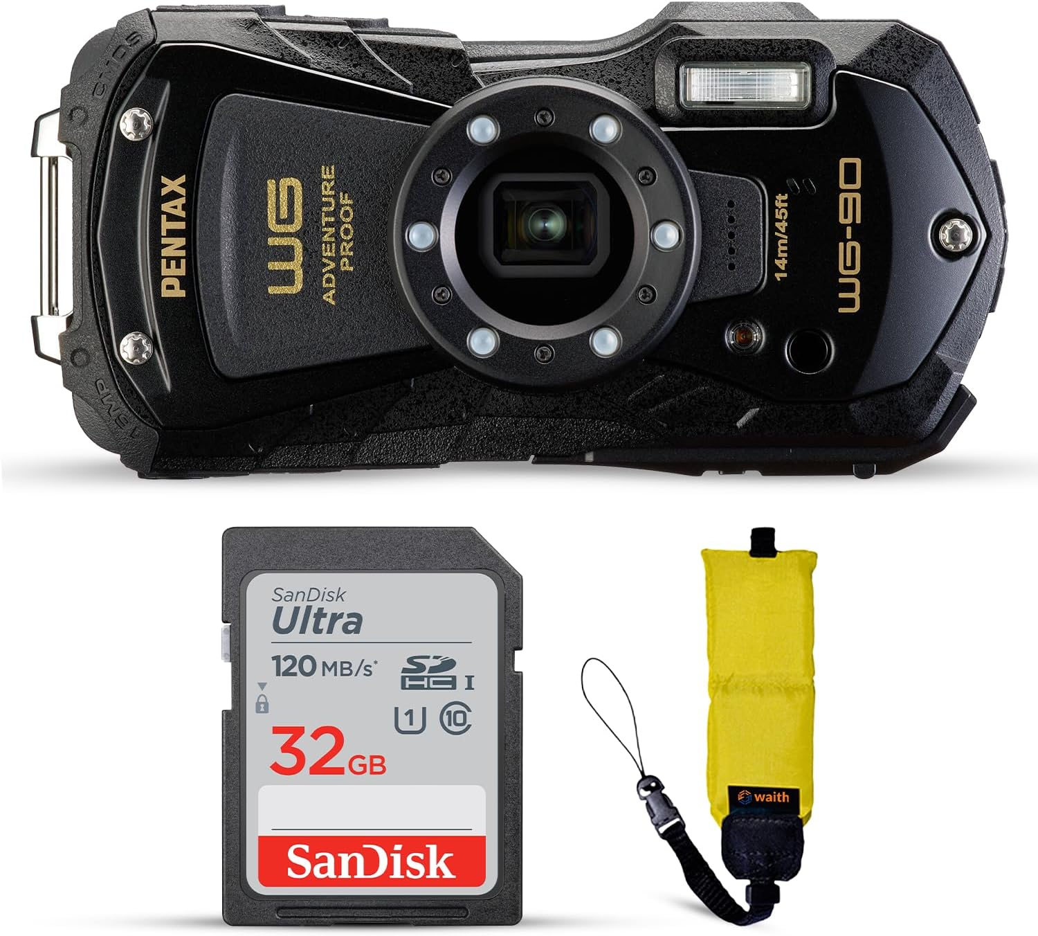 Pentax WG-90 Waterproof Digital Camera (Black) | 2.7' LCD Monitor Display Camera with 32GB Ultra UHS-I SDHC Memory Card and Waith Quick Release Camera Floating Strap (Yellow) - Essential Bundle Kit