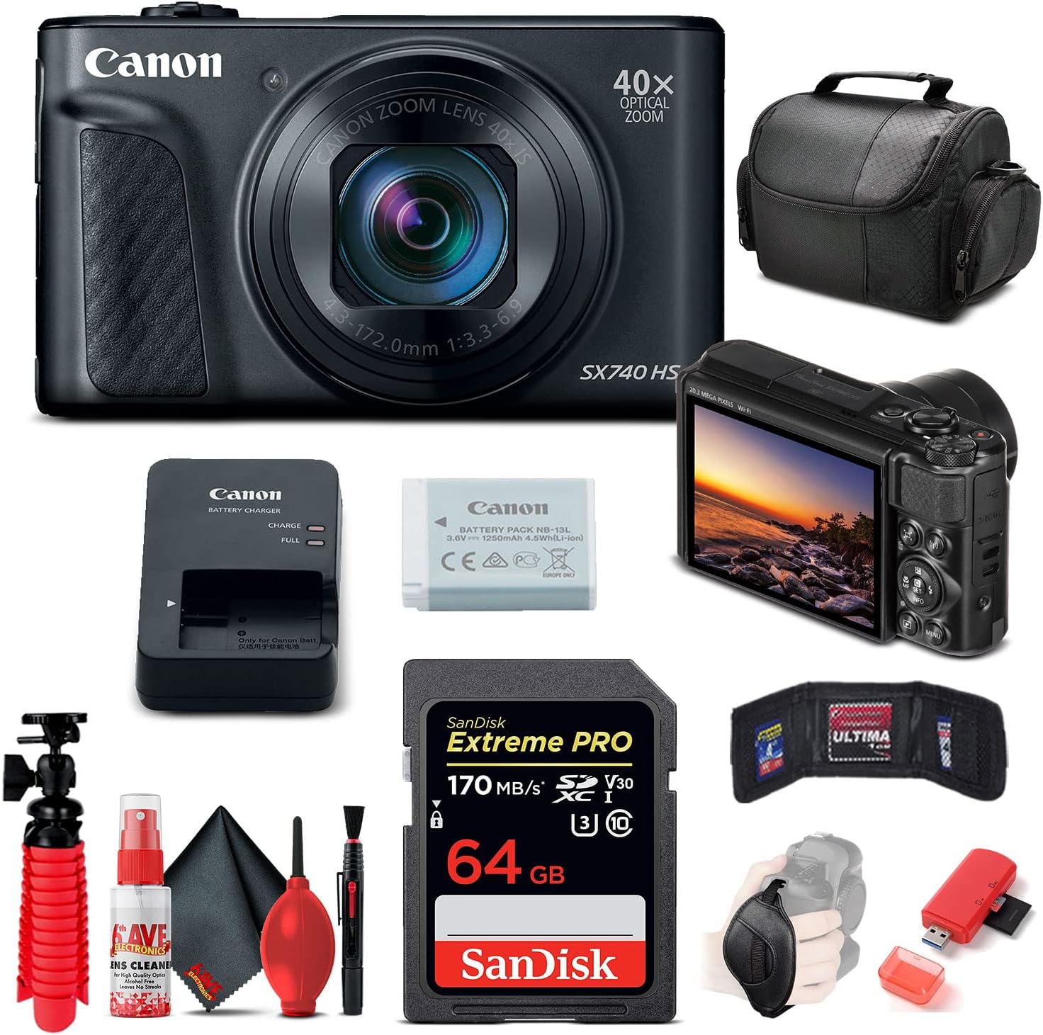 Canon PowerShot SX740 HS Digital Camera (Black) | 40x Zoom, 4K UHD Video, Wi-Fi & Bluetooth + 64GB Card + Card Reader + Soft Bag + Flex Tripod + Hand Strap + Memory Wallet + Cleaning Kit