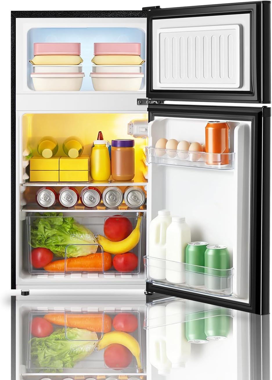 Saeoola Mini Fridge with Freezer, 3.2 Cu.Ft, 2 Doors Compact Mini Refrigerator with Separate Freezer for Dorm, Bedroom, Office, Apartment with 7-Level Temperature Control, Removable Shelves (Black)