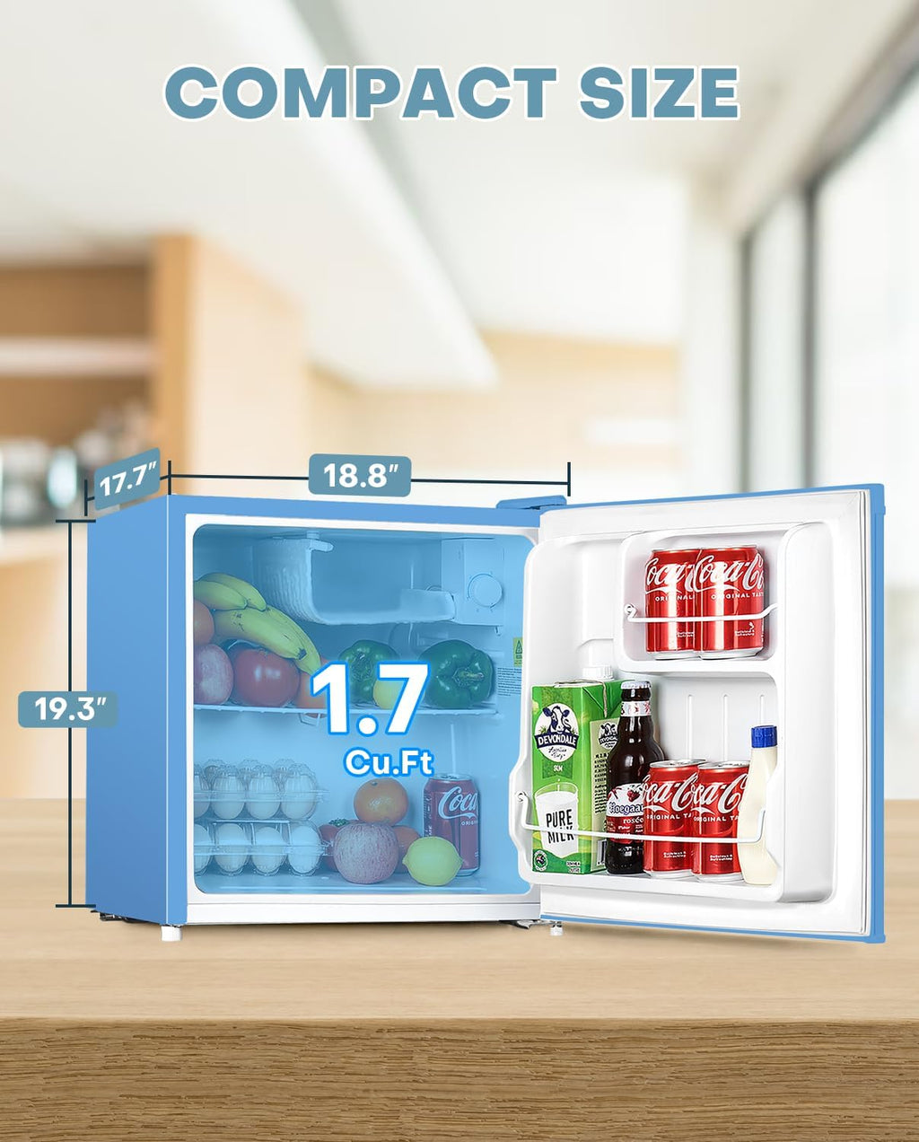 Upstreman 1.7 Cu.ft Mini Fridge with Freezer, Dorm Essentials, Adjustable Thermostat, Energy Saving, Low Noise, Single Door Compact Refrigerator for Dorm, Office, Bedroom, Blue-FR17