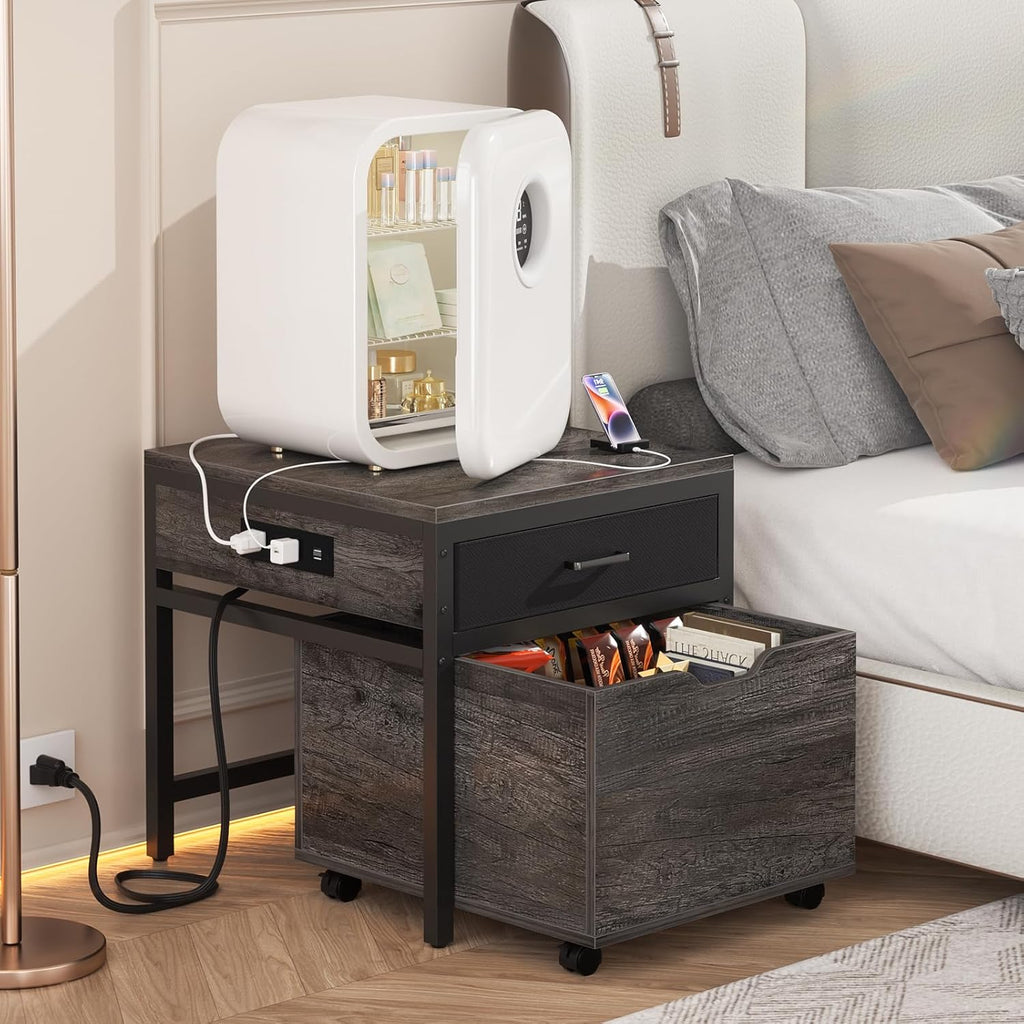 Unikito Mini Fridge Stand with Storage and Charging Station, Refrigerator Table with Drawer Basket for Dorm, Apartment, Office, Bedroom, Heavy Duty Small Refrigerator Stand Cart, Hold 300LBS, Gray Oak